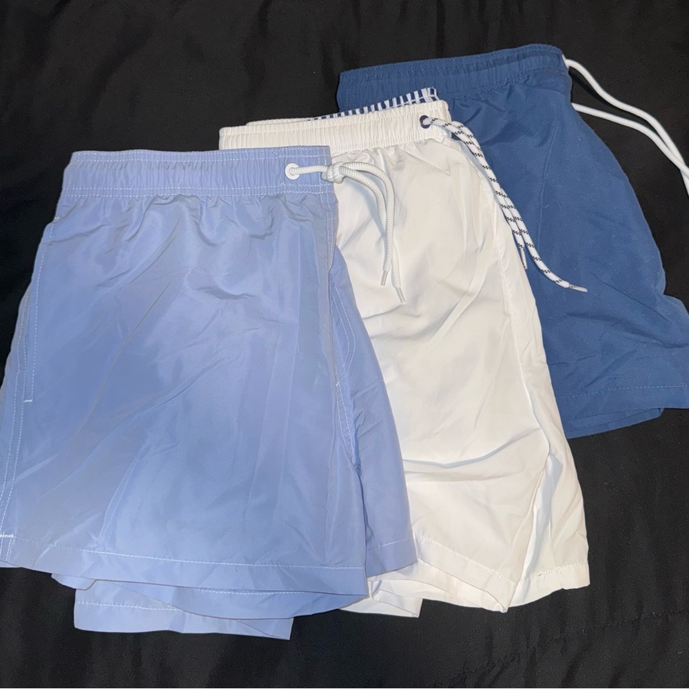 Blue and White Swim Trunks with Elastic Waistband